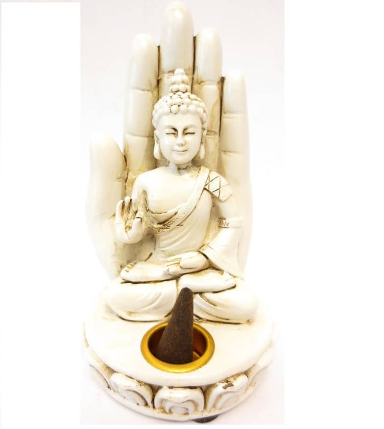Porte encens bouddha blanc assis sur main 13cm