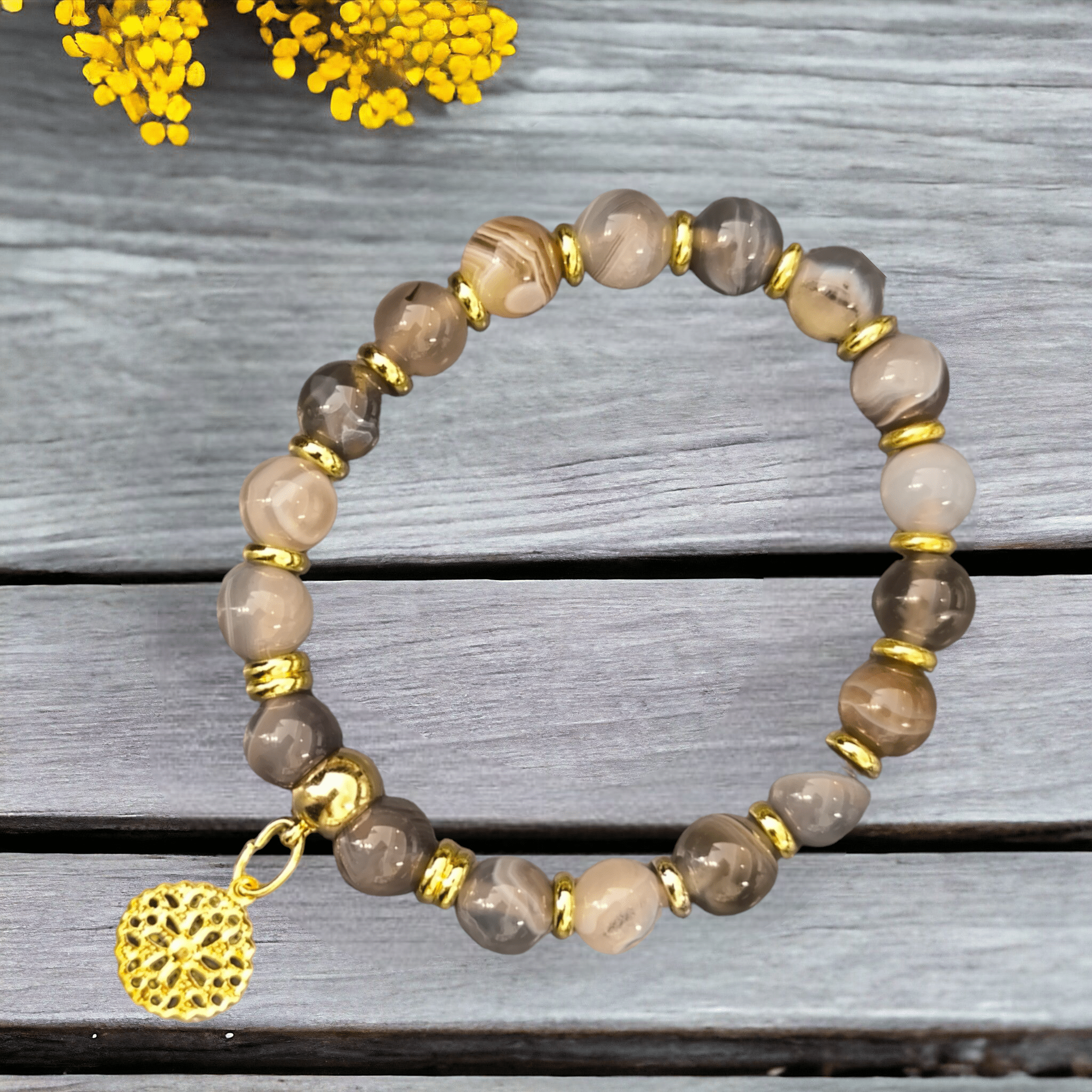 Bracelet Agate du Botswana 8mm + apprêt médaille